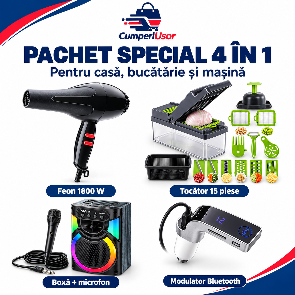 Pachet special 4 în 1 CumperiUsor pe fundal alb: feon, tocător cu accesorii, boxă cu microfon și modulator Bluetooth