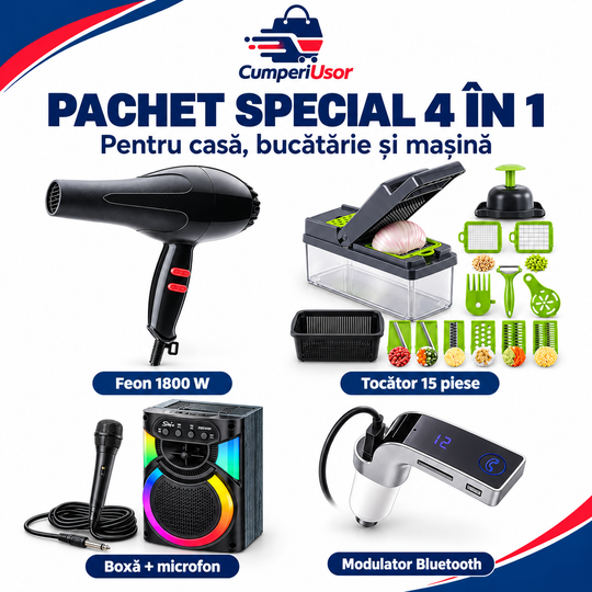 Pachet special 4 în 1 CumperiUsor pe fundal alb: feon, tocător cu accesorii, boxă cu microfon și modulator Bluetooth