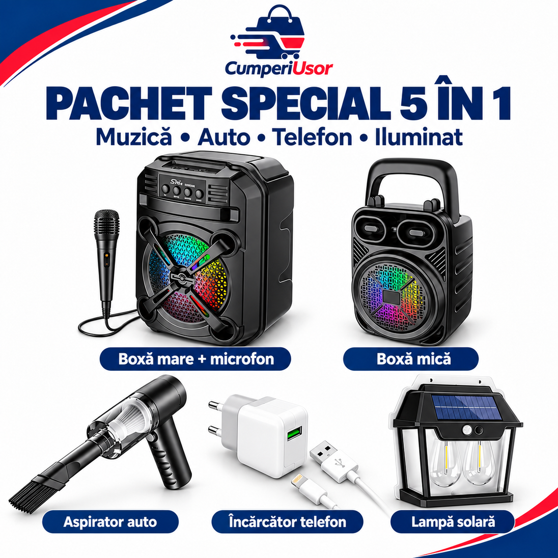 Pachet special 5 în 1 CumperiUsor pe fundal alb: două boxe, microfon, aspirator auto, încărcător și lampă solară