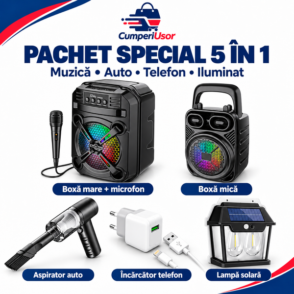 Pachet special 5 în 1 CumperiUsor pe fundal alb: două boxe, microfon, aspirator auto, încărcător și lampă solară