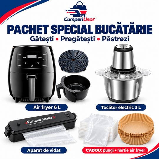 Pachet special bucătărie CumperiUsor pe fundal alb: air fryer 6 L, tocător 3 L, aparat de vidat și accesorii cadou