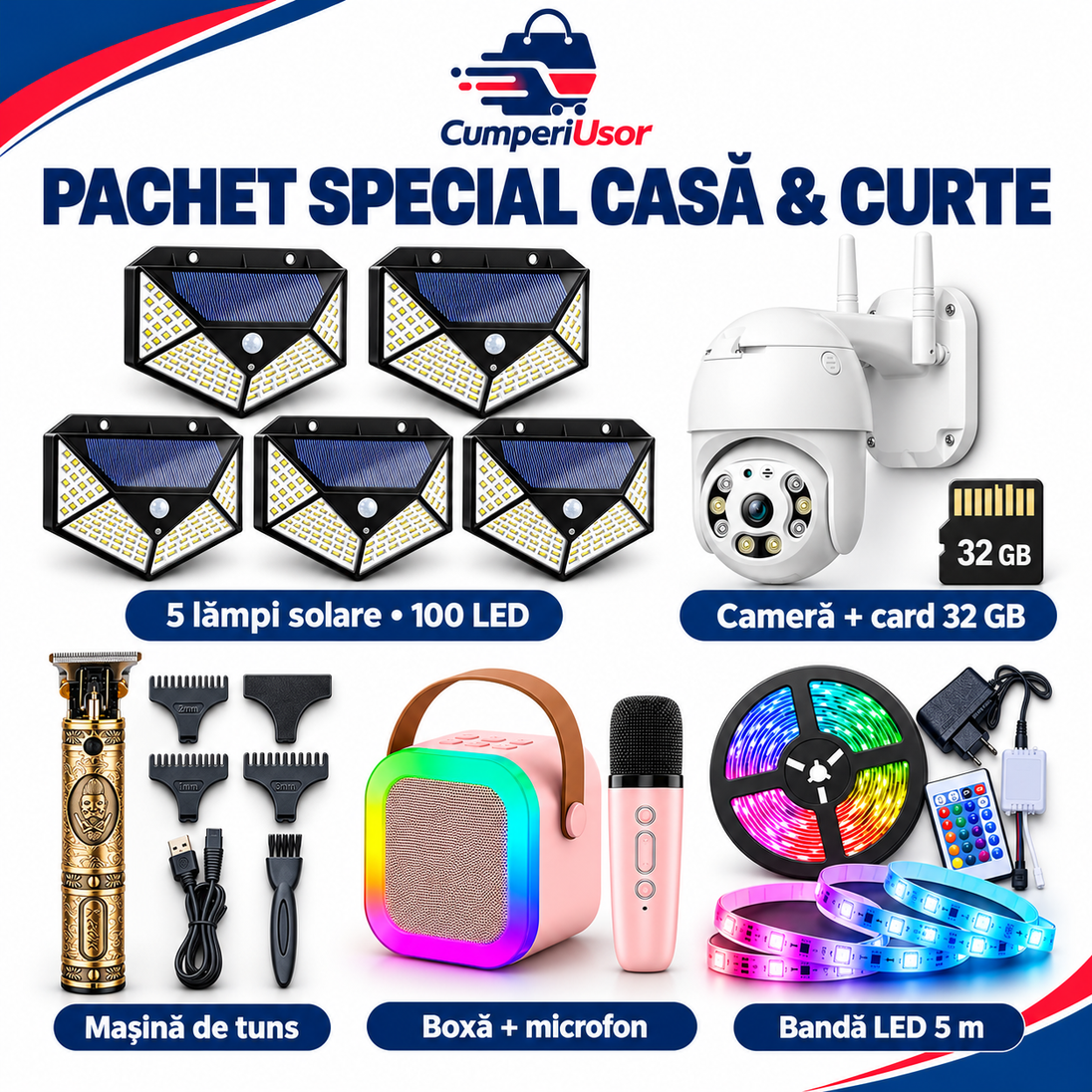 Pachet special Casă și Curte CumperiUsor, cu 5 lămpi solare, cameră și card 32 GB, trimmer, boxă cu microfon și bandă LED
