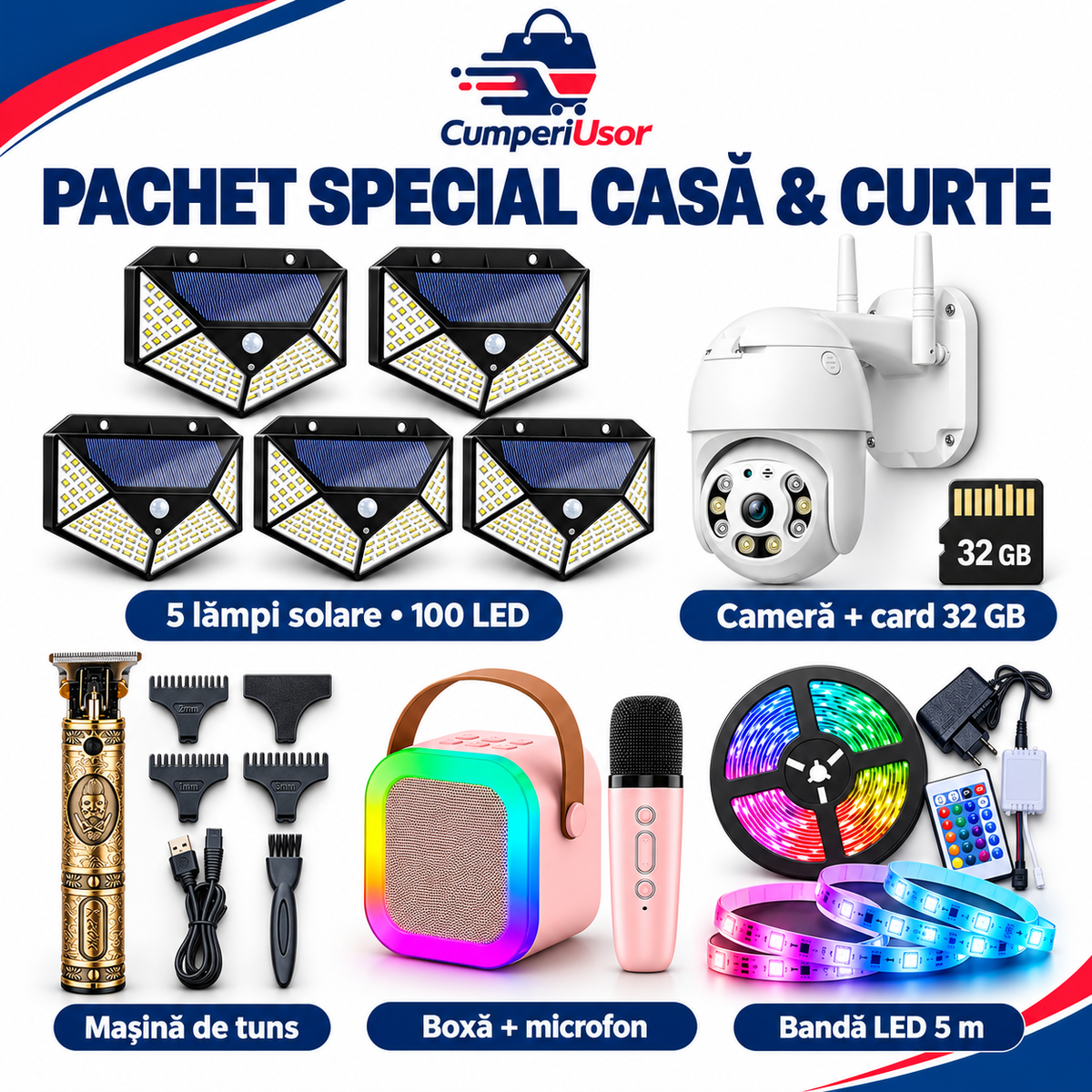 Pachet special Casă și Curte CumperiUsor, cu 5 lămpi solare, cameră și card 32 GB, trimmer, boxă cu microfon și bandă LED