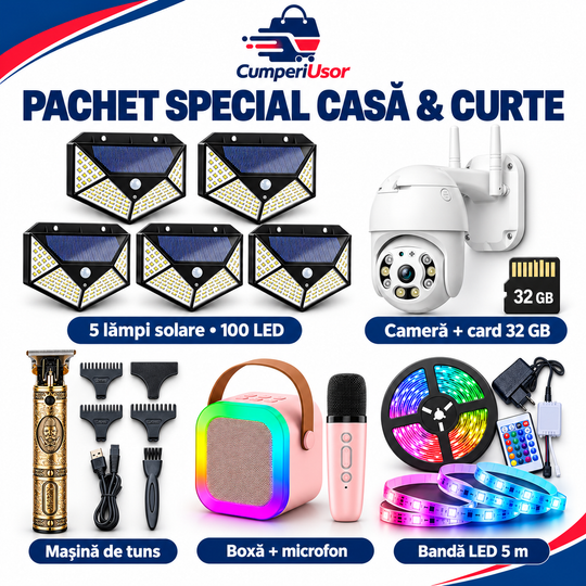 Pachet special Casă și Curte CumperiUsor, cu 5 lămpi solare, cameră și card 32 GB, trimmer, boxă cu microfon și bandă LED