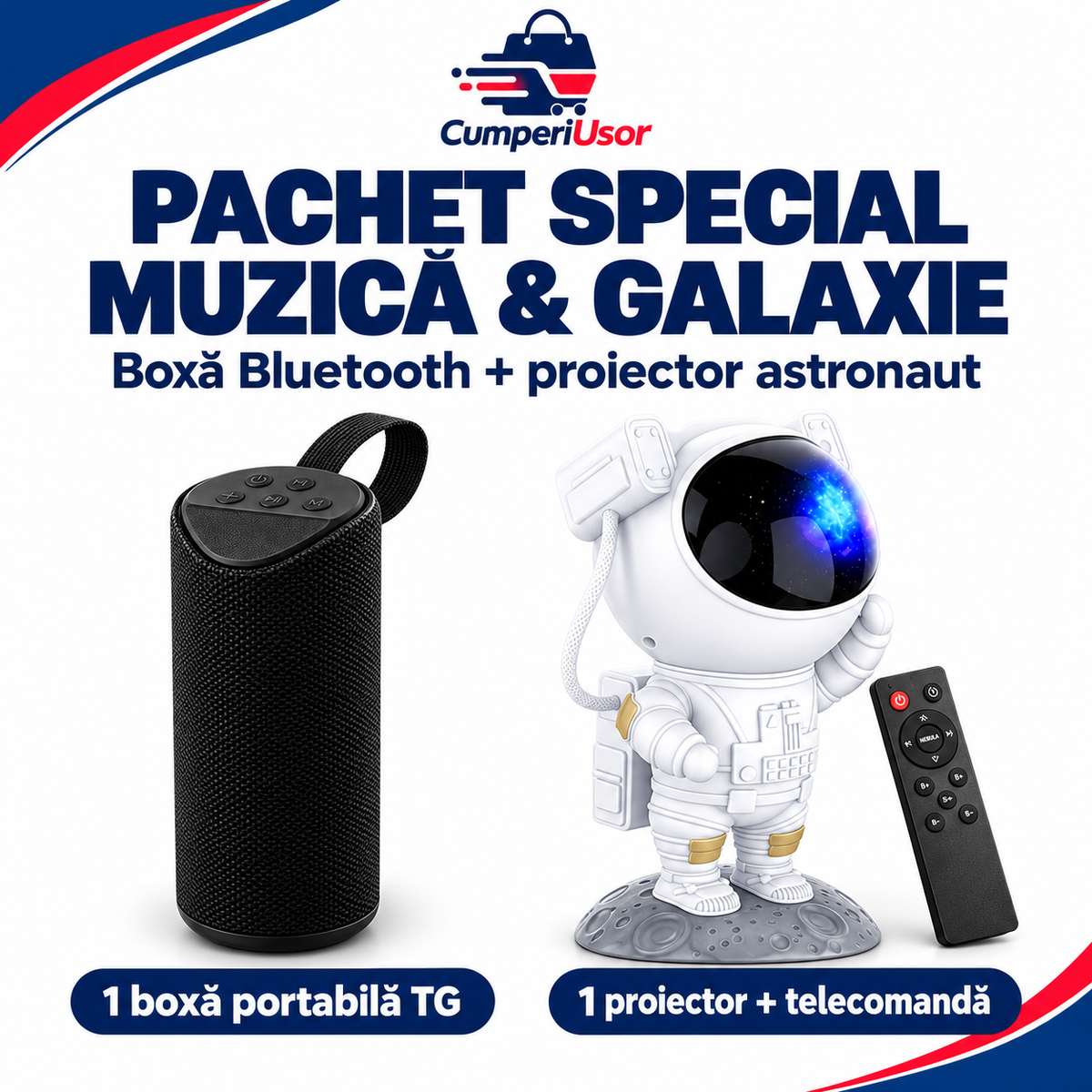 Pachet special Muzică și Galaxie CumperiUsor pe fundal alb: o boxă TG și un proiector astronaut cu telecomandă