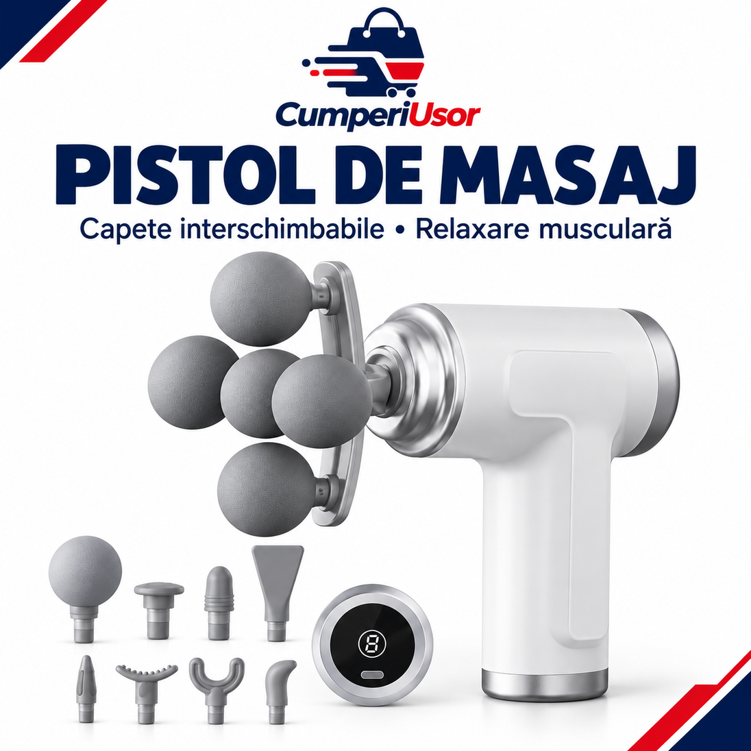 Pistol de masaj cu capete interschimbabile