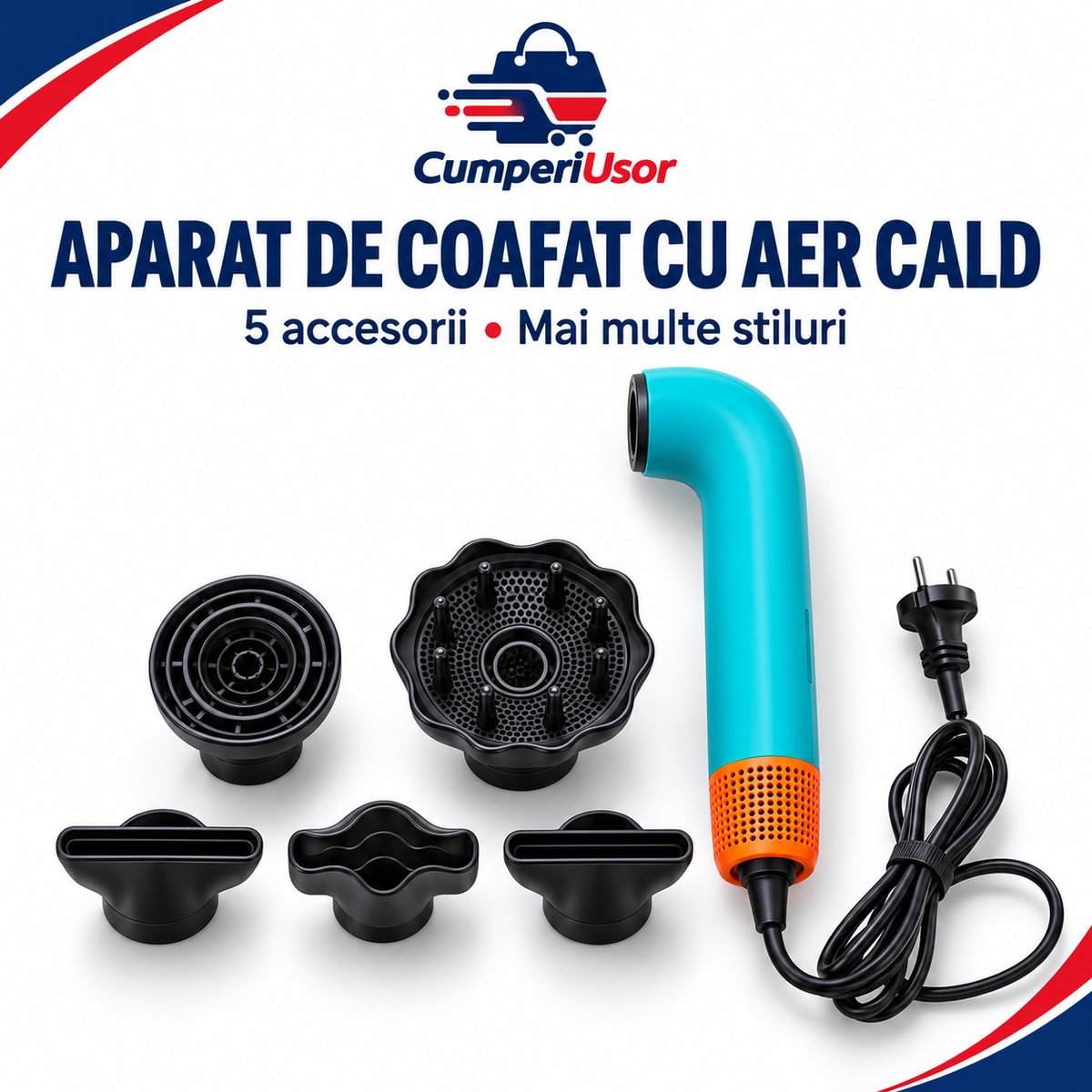 Aparat de coafat cu aer cald, cu 5 accesorii