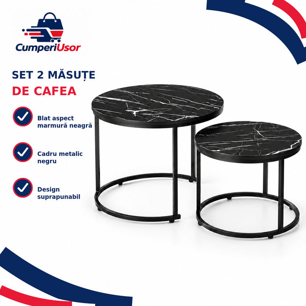 Set de 2 măsuțe de cafea suprapunabile cu blat aspect marmură neagră și cadru metalic negru – imagine CumperiUsor