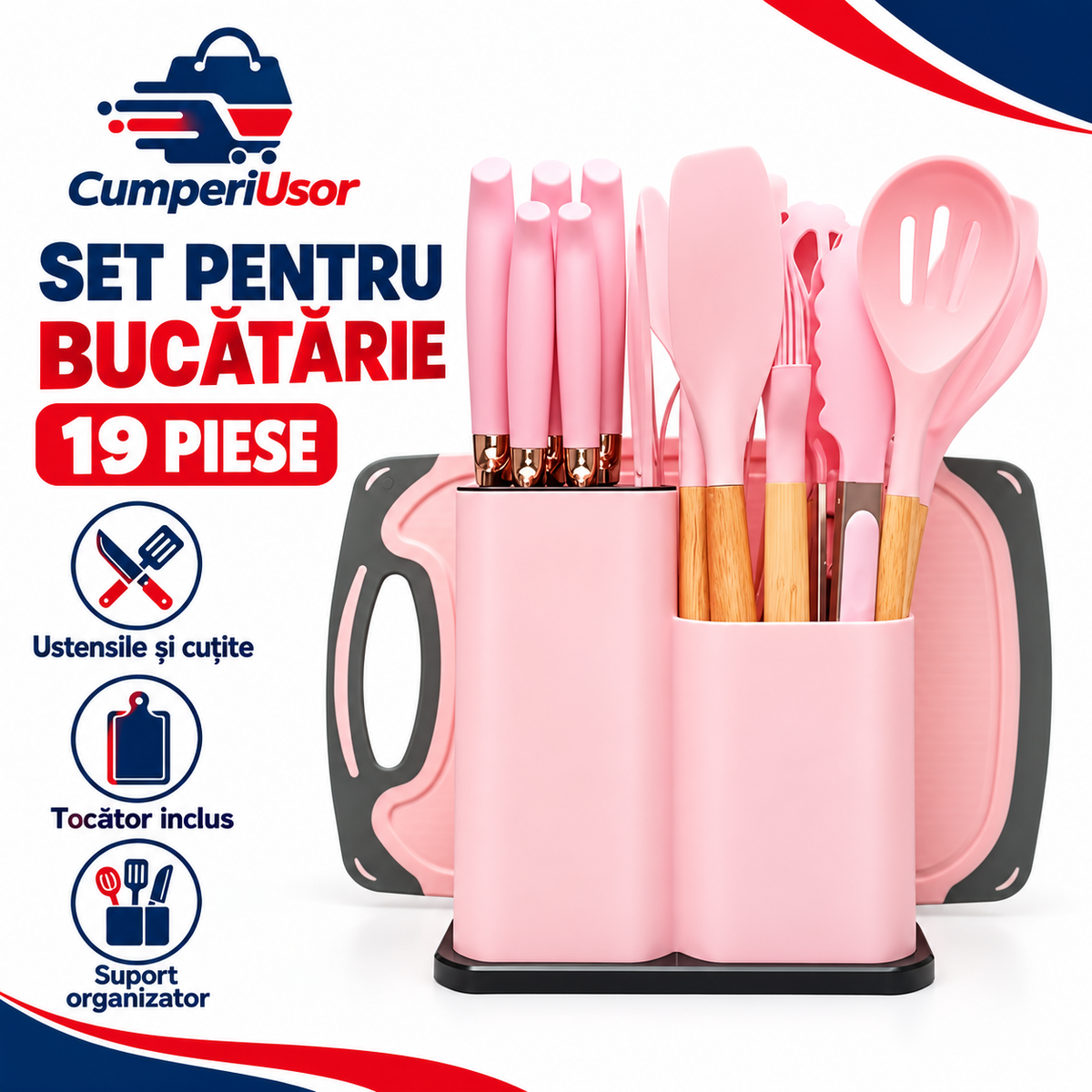 Set pentru bucătărie 19 piese, ustensile, cuțite, tocător și suport, roz — CumperiUsor