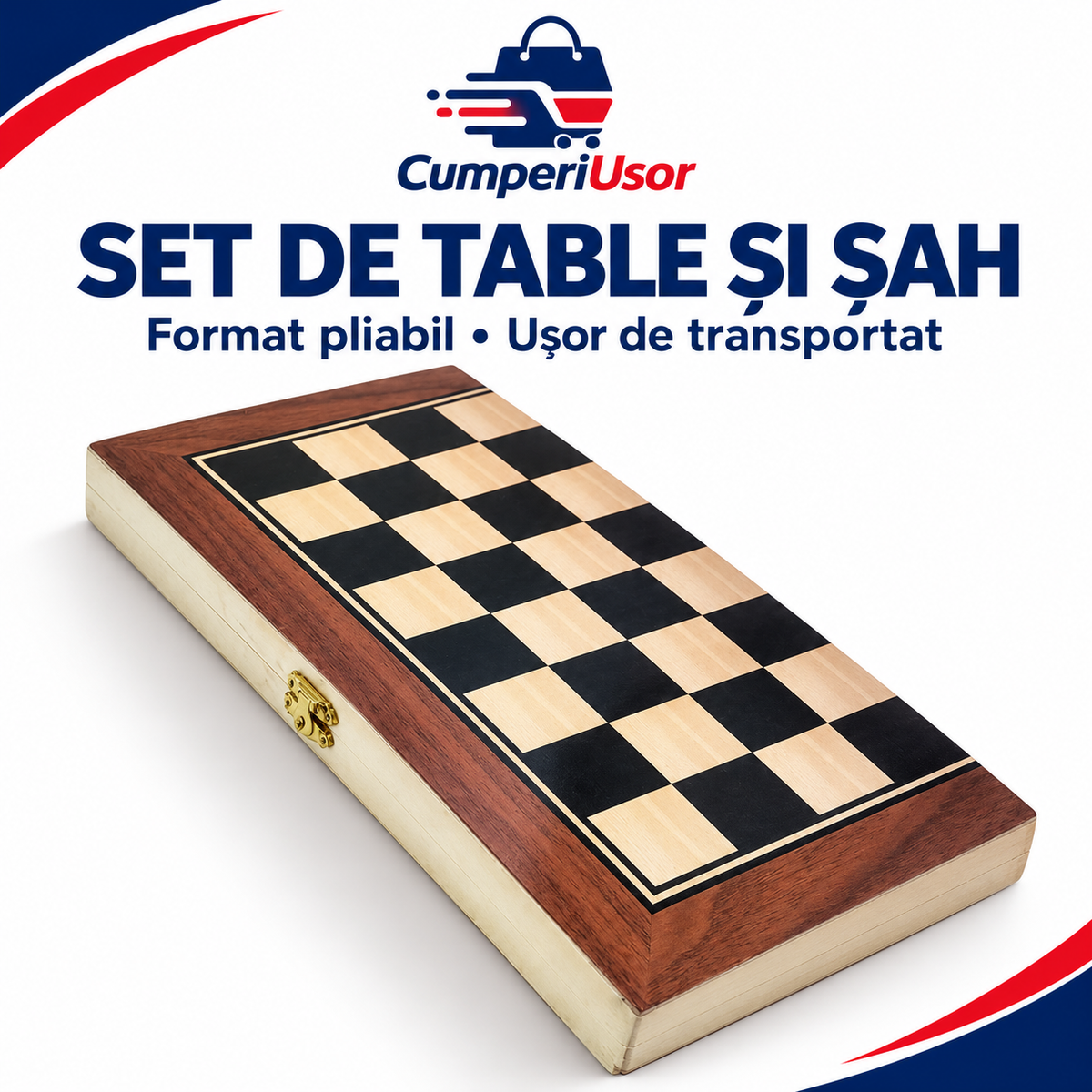 Set de table și șah în casetă pliabilă, cu aspect de lemn