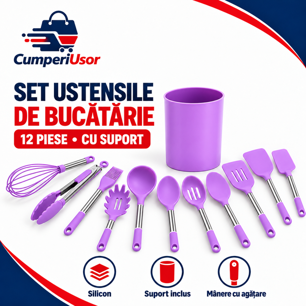 Set de ustensile de bucătărie din silicon, 12 piese cu suport, mov — CumperiUsor