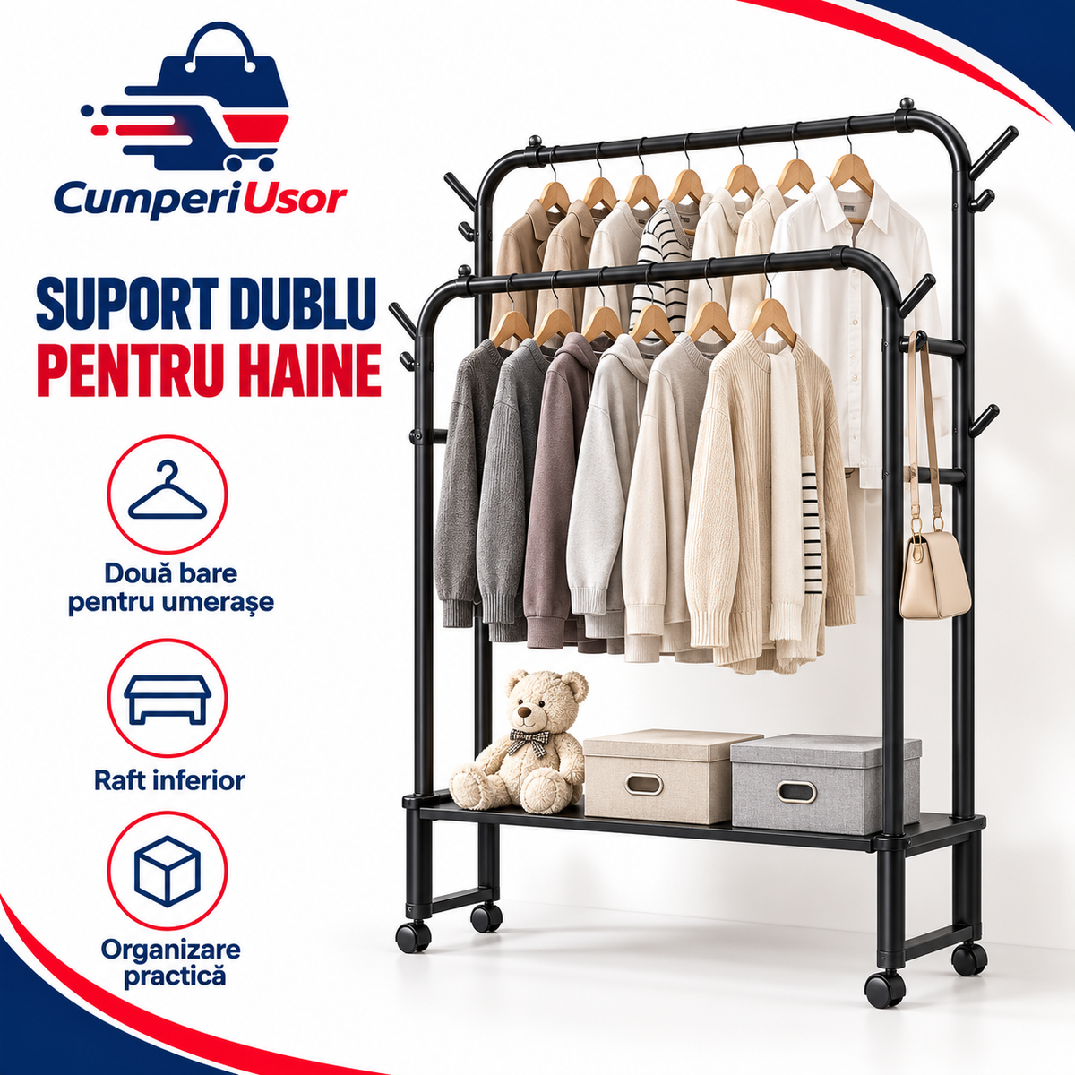Suport dublu pentru haine cu raft inferior — CumperiUsor; accesorii pentru prezentare