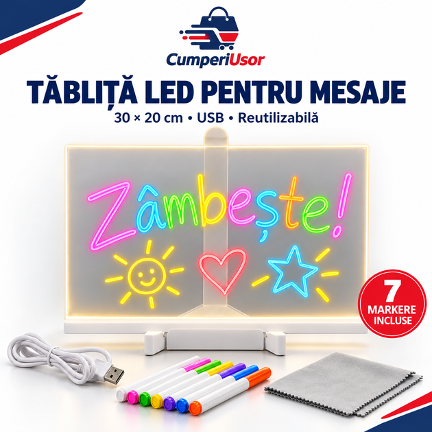 Tăbliță LED pentru mesaje 30 × 20 cm, cu suport, cablu USB, 7 markere și lavetă