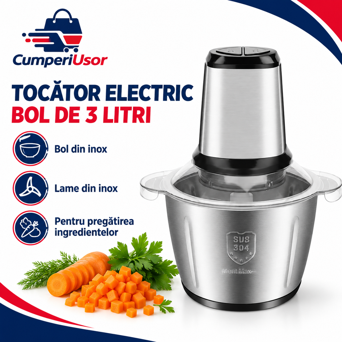 Tocător electric cu bol din inox de 3 litri — CumperiUsor