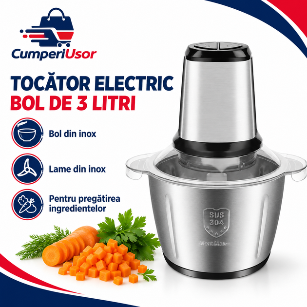 Tocător electric cu bol din inox de 3 litri — CumperiUsor